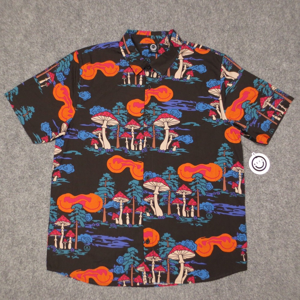 Psychedelic Mushroom Shirt Adult Medium NEFF Forest Smiley Face‎ Button Up Mens